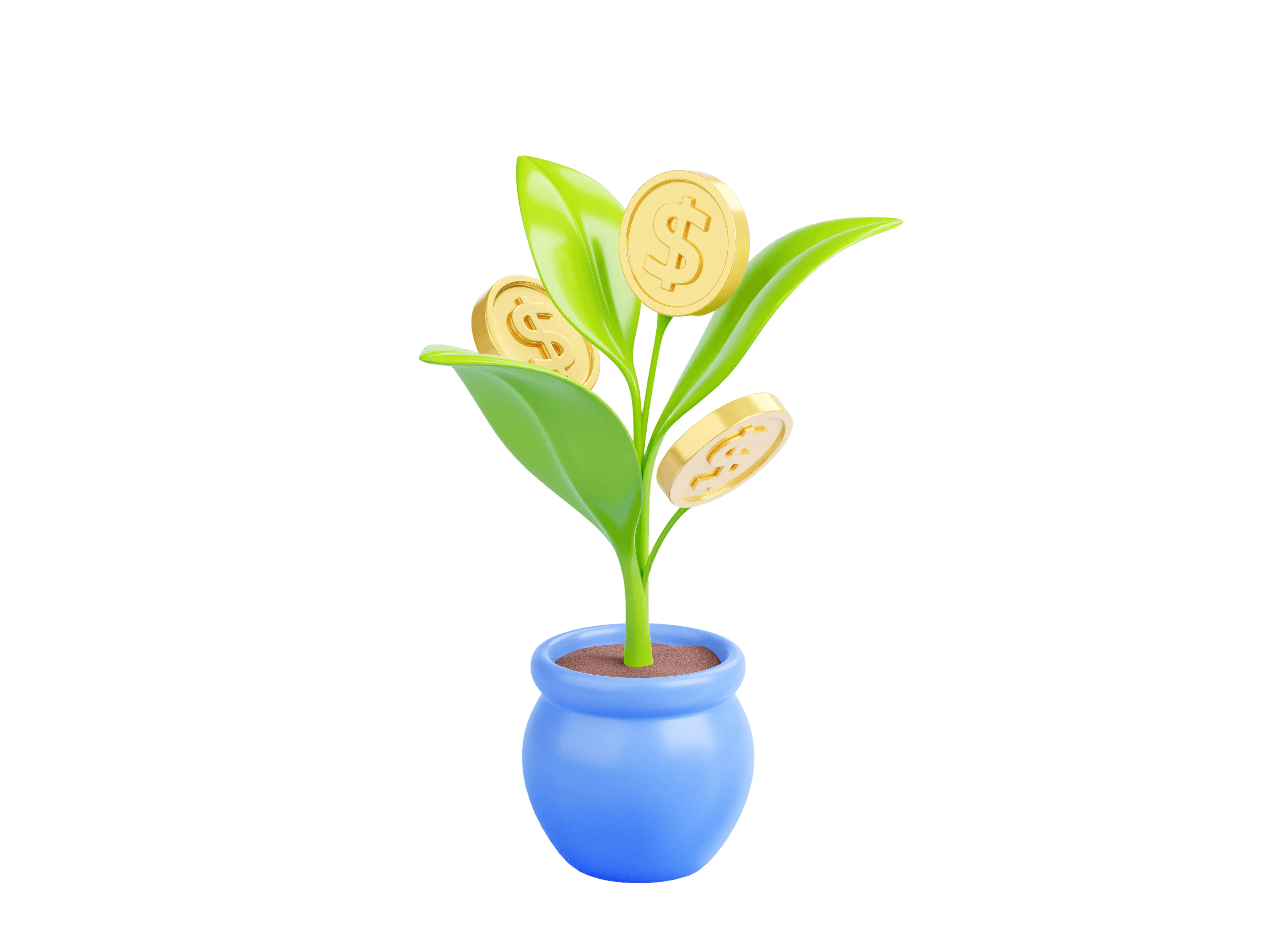Ilustración 3D de brote verde con monedas de oro